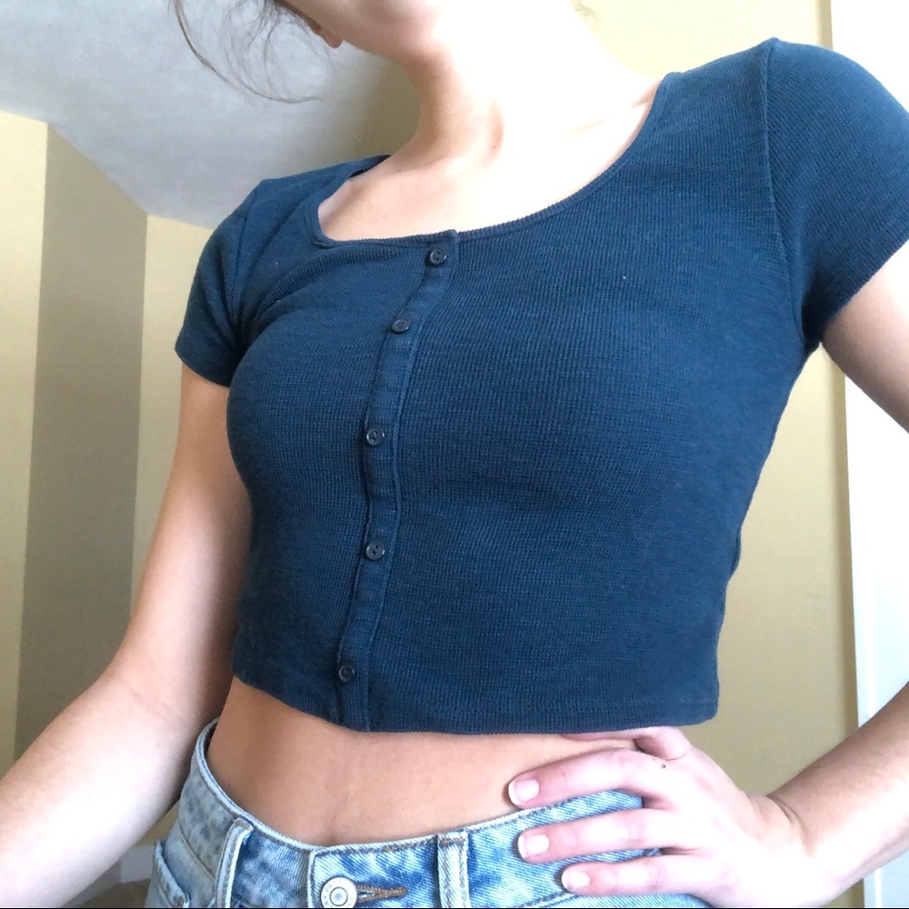 Blue button down crop top